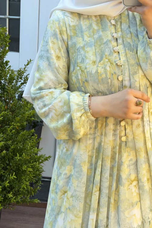 Pile Detaylı Şifon Elbise - Soft Yeşil