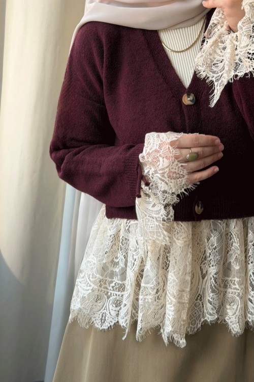 Dantel Detaylı Kolları Büzgülü Triko Hırka  Bordo