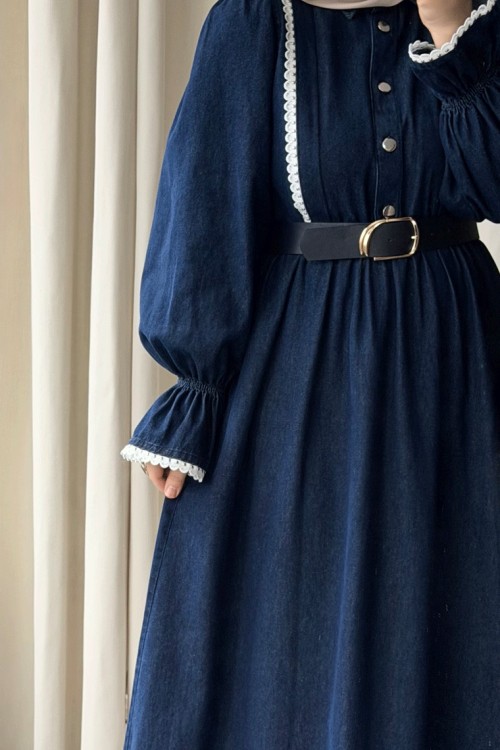 Fisto Detaylı  Kemerli Denim elbise  Lacivert