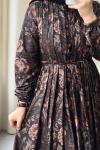 Desenli Pile Detaylı Vintage Elbise  Siyah