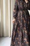 Desenli Pile Detaylı Vintage Elbise  Siyah