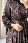 Desenli Pile Detaylı Vintage Elbise  Siyah
