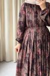 Desenli Pile Detaylı Vintage Elbise  Haki