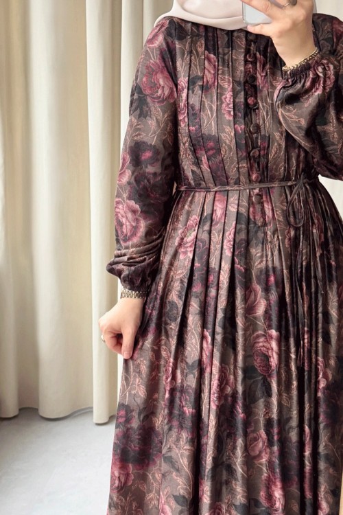 Desenli Pile Detaylı Vintage Elbise Haki
