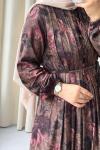 Desenli Pile Detaylı Vintage Elbise  Haki