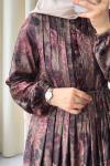 Desenli Pile Detaylı Vintage Elbise  Haki