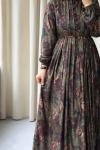 Desenli Pile Detaylı Vintage Elbise  Yeşil