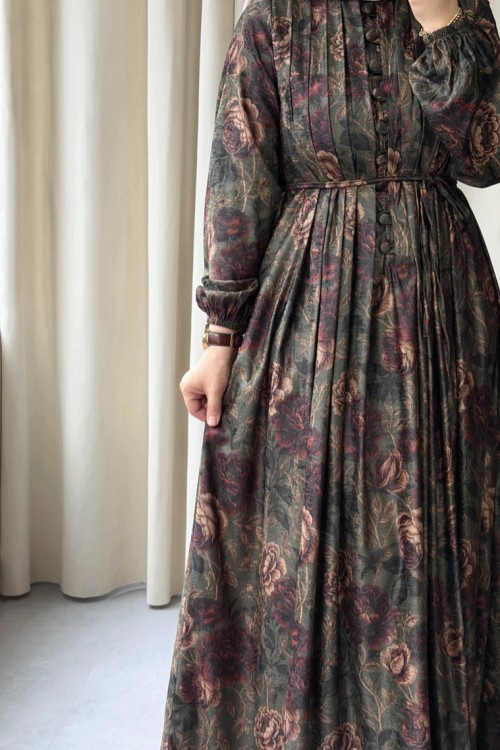 Desenli Pile Detaylı Vintage Elbise Yeşil
