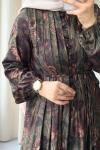 Desenli Pile Detaylı Vintage Elbise  Yeşil