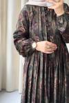 Desenli Pile Detaylı Vintage Elbise  Yeşil