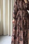 Desenli Pile Detaylı Vintage  Elbise  Vizon