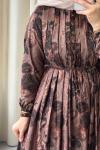 Desenli Pile Detaylı Vintage  Elbise  Vizon