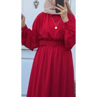Gizli Düğmeli Kemerli Elbise- Kırmızı