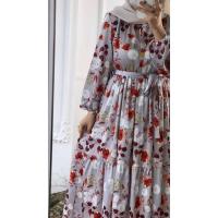 Önü Düğmeli Saten Çiçekli Elbise - Kiremit