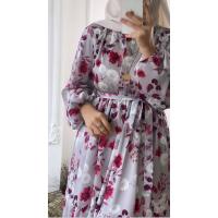 Önü Düğmeli Saten Çiçekli Elbise - Pembe