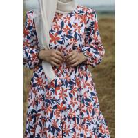 Yaprak Desen Elbise - Turuncu Lacivert