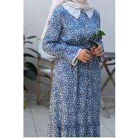 Dantel Yaka Çiçekli Elbise - Mavi