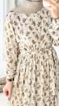 Çiçek Desenli Kuşaklı Elbise - Bej