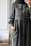 Düğme Detaylı Kot Elbise - Antrasit