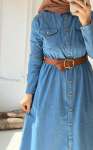 Düğmeli Kot Elbise - Mavi