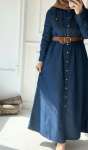Düğmeli Kot Elbise - Lacivert