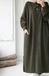 Gizli Düğmeli Uzun Kap - Koyu Haki