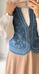İşlemeli Kot Yelek - Mavi