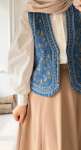 İşlemeli Kot Yelek - Mavi