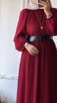 Piliseli Şifon Elbise - Bordo