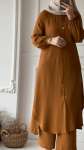 Uzun Tunikli Pantolonlu Takım - Koyu Camel