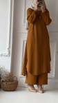 Uzun Tunikli Pantolonlu Takım - Koyu Camel