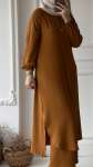 Uzun Tunikli Pantolonlu Takım - Koyu Camel