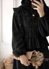 V Yaka Güpürlü Bluz - Siyah