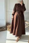 Yaka Detaylı Düğmeli Elbise - Kahverengi