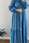Bağcıklı Düğme Detay Elbise - Gök Mavi