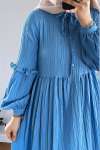 Bağcıklı Düğme Detay Elbise - Gök Mavi