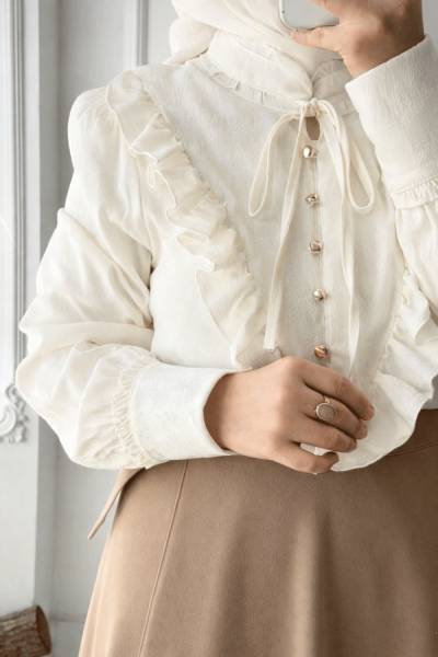 Bağcıklı Yarım Düğmeli Bluz - Ekru