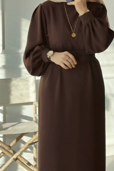 Balon Kol Kemerli Elbise -Kahverengi