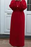 Balon Kol Kemerli Elbise -Kırmızı