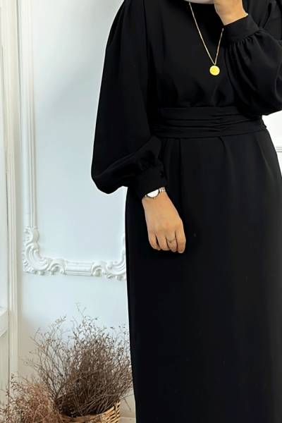 Balon Kol Kemerli Elbise -Siyah