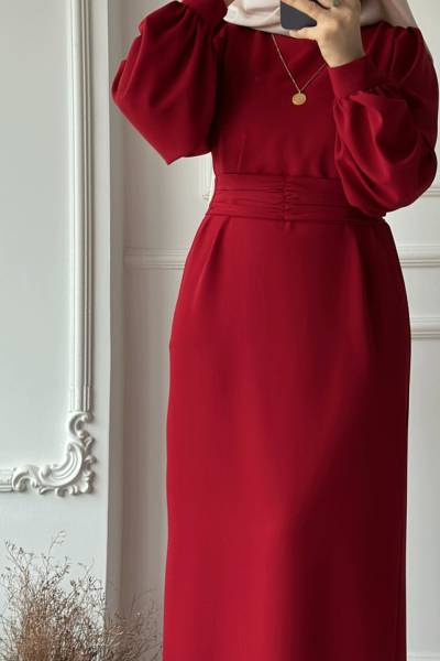 Balon Kol Kemerli Elbise -Bordo