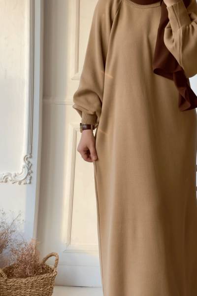 Balon Kol Triko Elbise - Sütlü Kahve