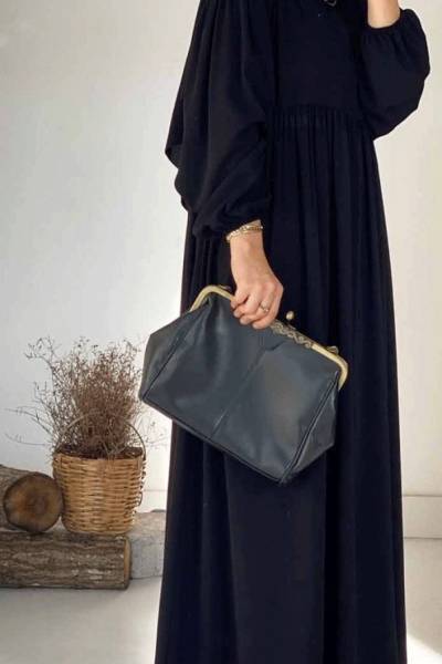 Balon Kol Robalı Elbise - Siyah