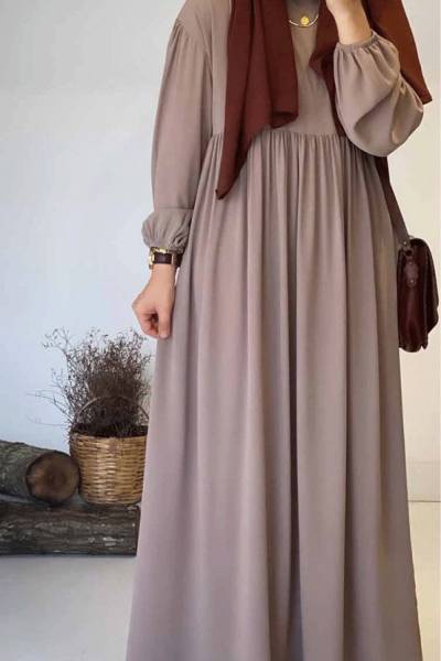 Balon Kol Robalı Elbise - Taş