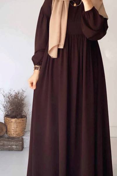 Balon Kol Robalı Elbise - Acı Kahve