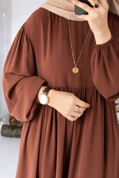 Balon Kol Robalı Elbise - Karamel