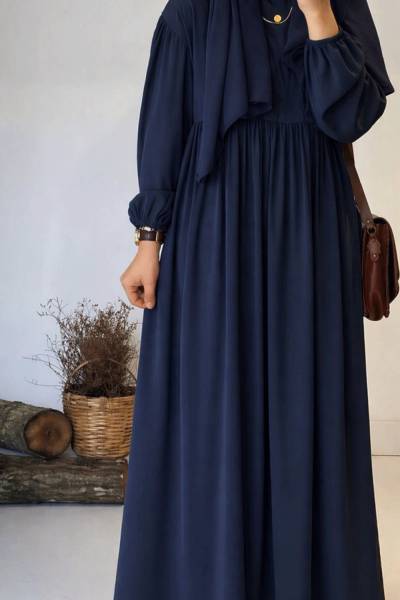 Balon Kol Robalı Elbise - Lacivert