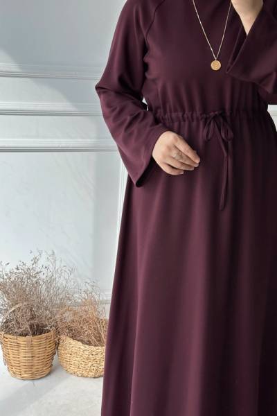 Belden Bağcıklı Basic Elbise-Bordo