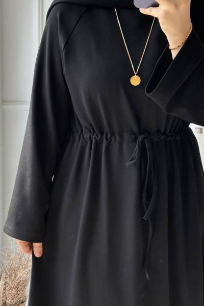 Belden Bağcıklı Basic Elbise-Siyah