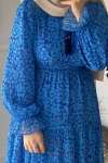 Beli Lastikli Şifon Elbise -Mavi